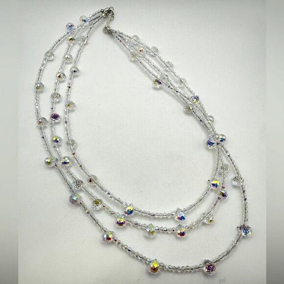 Three strands faceted glass, Aurora Borealis beaded necklace with s925 hardware! - Picture 1 of 13